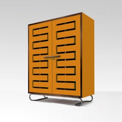 Bespoke Storage Cabinet With Perforated Doors, Lacquered Wood, Patinated Metal