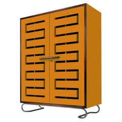 Bespoke Storage Cabinet With Perforated Doors, Lacquered Wood, Patinated Metal