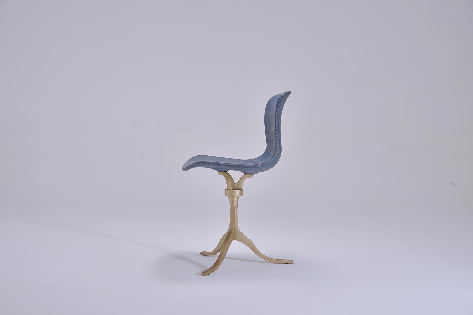 Thai Bespoke Swivel Chair in Blue Leather and Hand Cast Brass Base by P. Tendercool For Sale