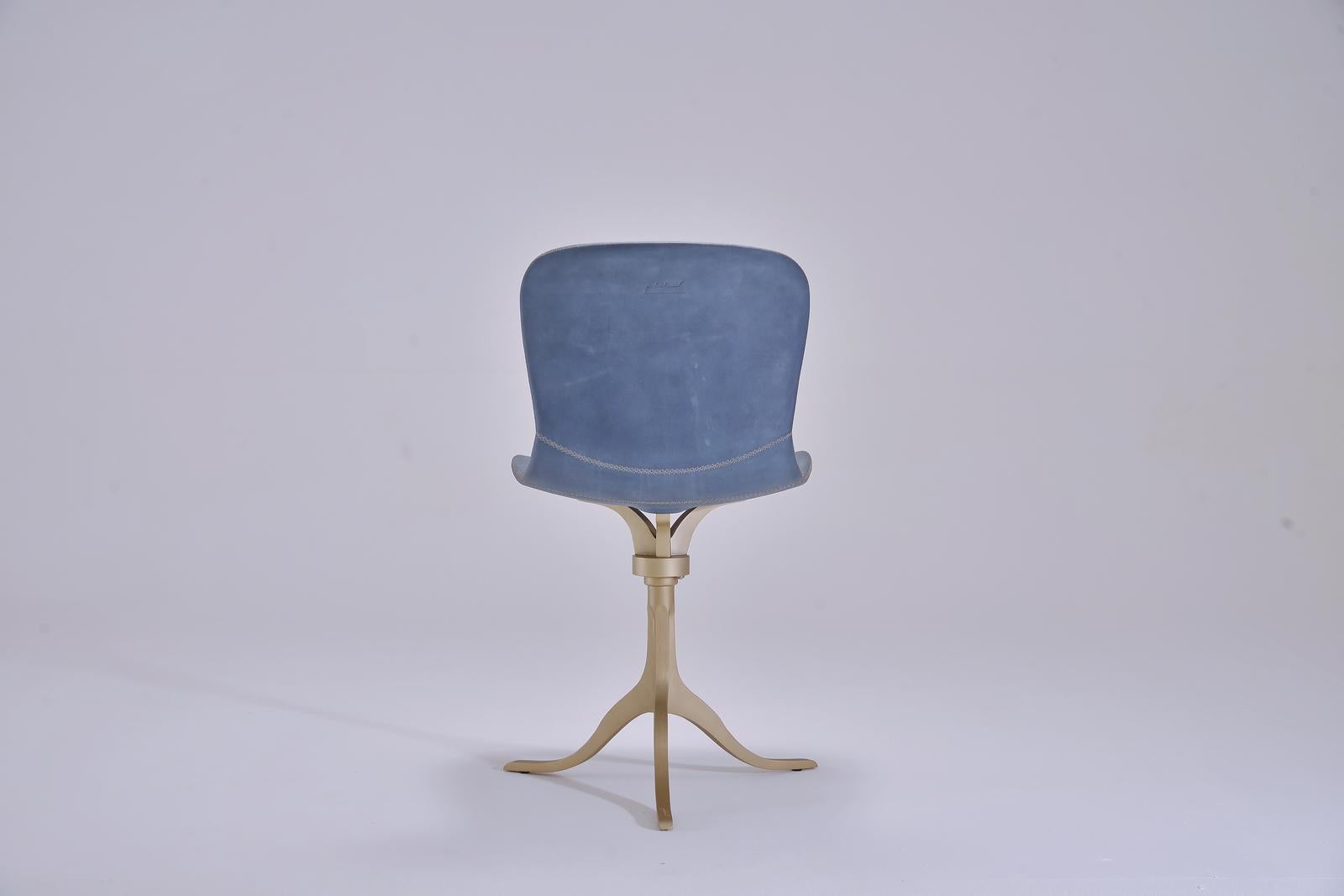 Hand-Crafted Bespoke Swivel Chair in Blue Leather and Hand Cast Brass Base by P. Tendercool For Sale