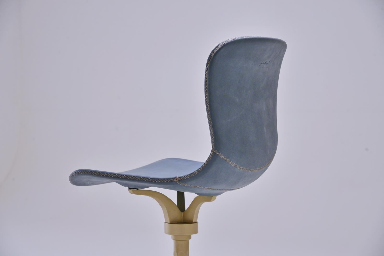Bespoke Swivel Chair in Blue Leather and Hand Cast Brass Base by P. Tendercool In New Condition For Sale In Bangkok, TH