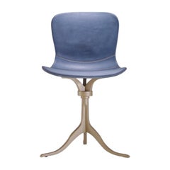 Bespoke Swivel Chair in Blue Leather and Hand Cast Brass Base by P. Tendercool