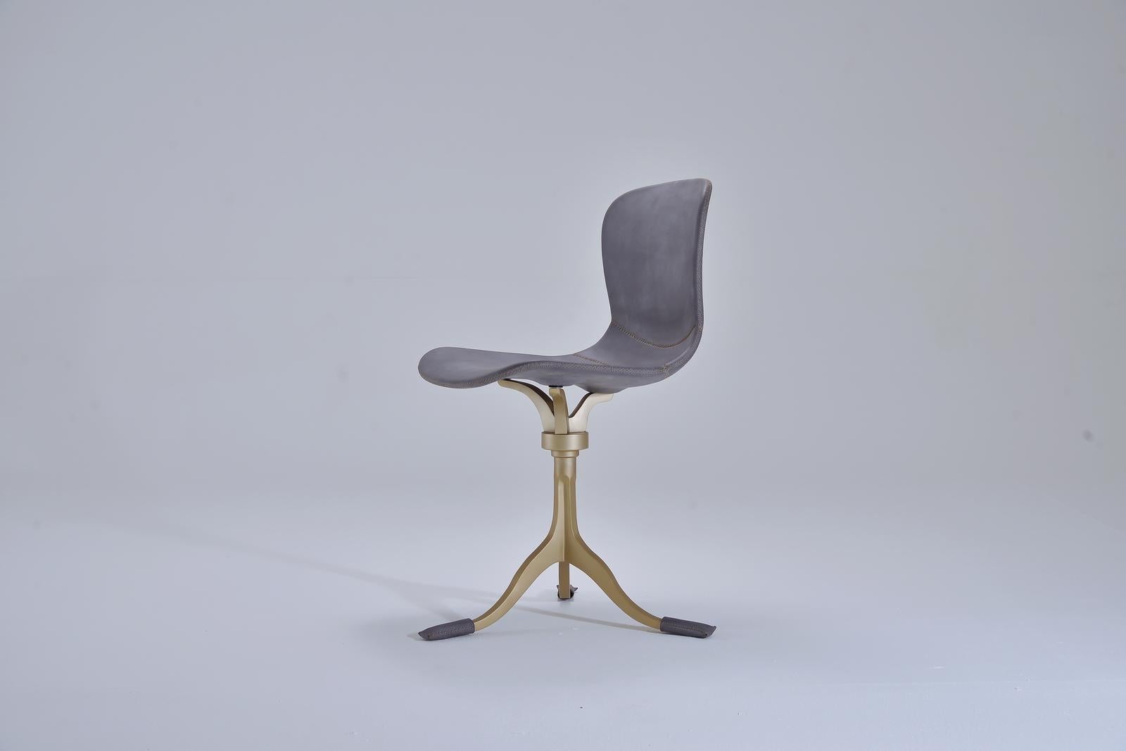 Mid-Century Modern Bespoke Swivel Chair, Leather and Hand Cast Bass Base by P. Tendercool For Sale