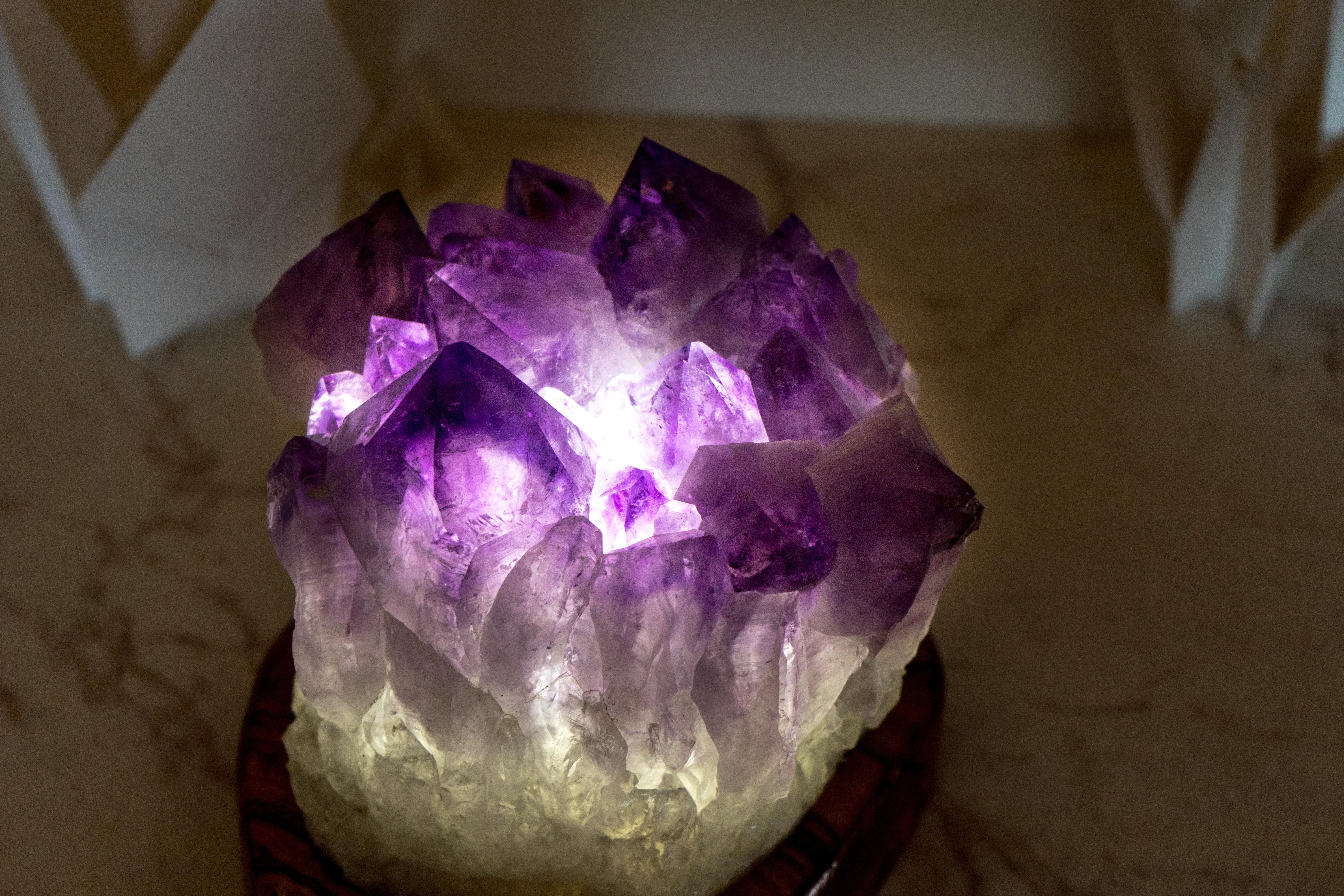Bespoke Table Lamp with a AAA Amethyst Cluster and Brazilian Wood For Sale 11