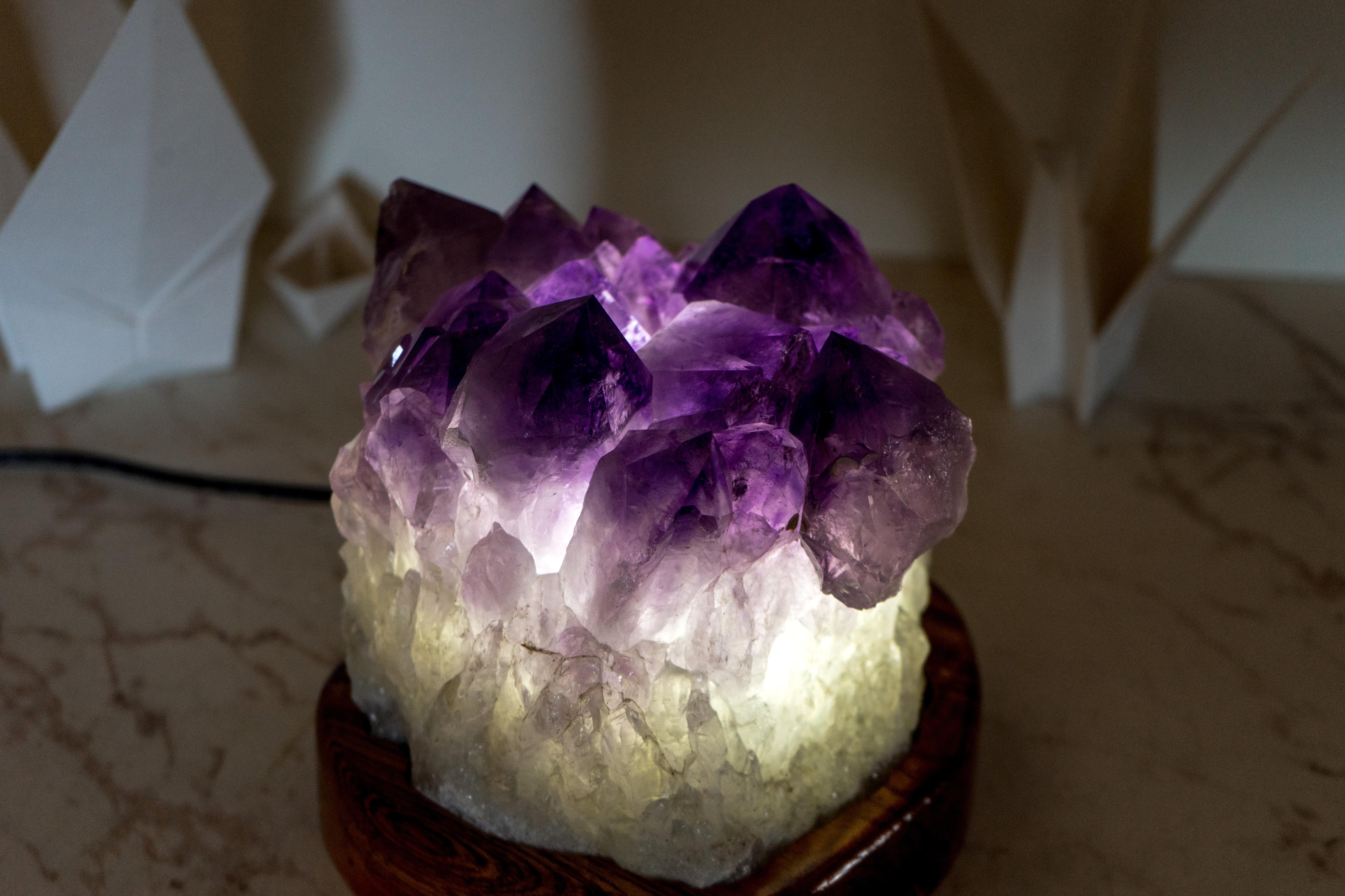 Bespoke Table Lamp with a AAA Amethyst Cluster and Brazilian Wood For Sale 12