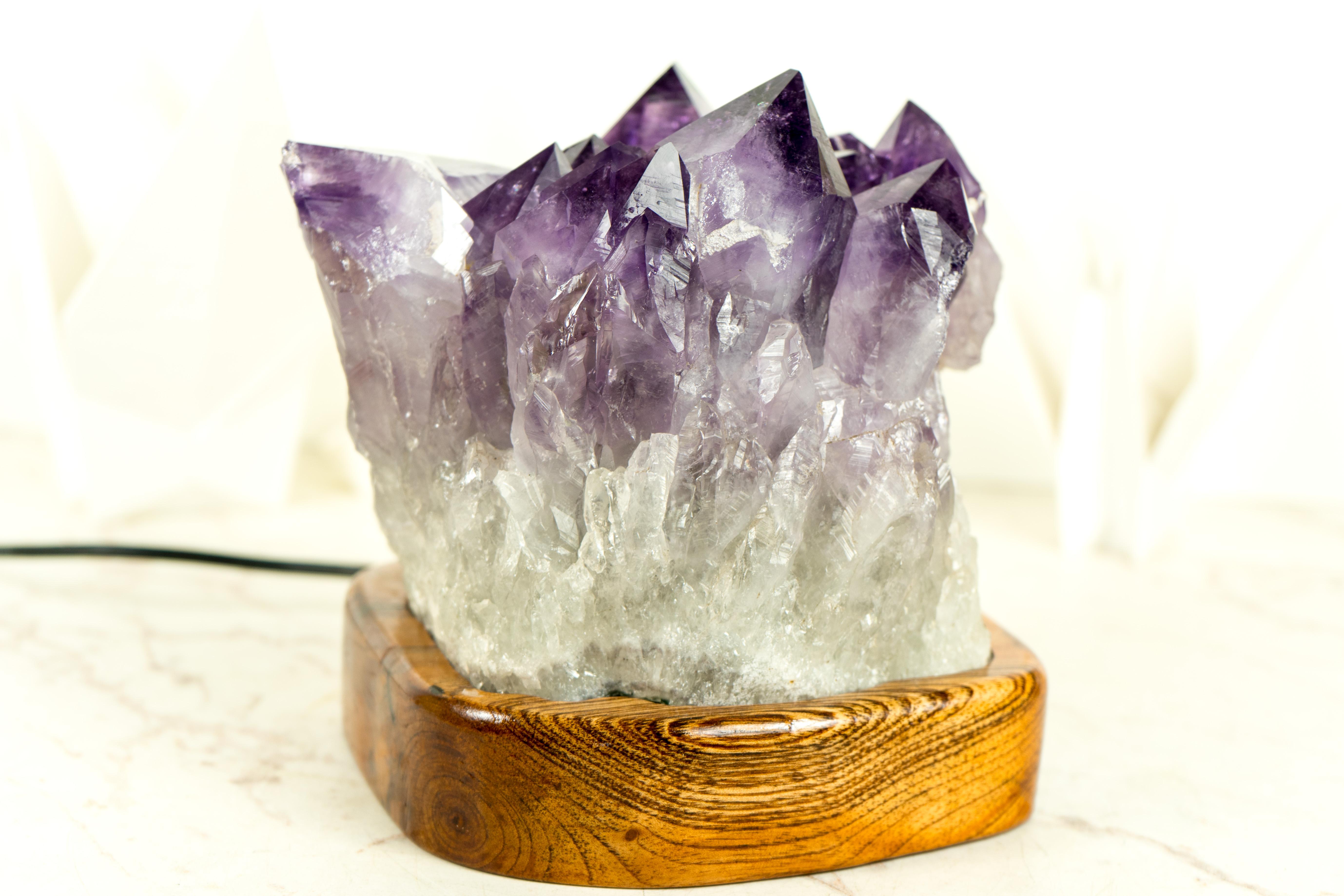 Contemporary Bespoke Table Lamp with a AAA Amethyst Cluster and Brazilian Wood For Sale