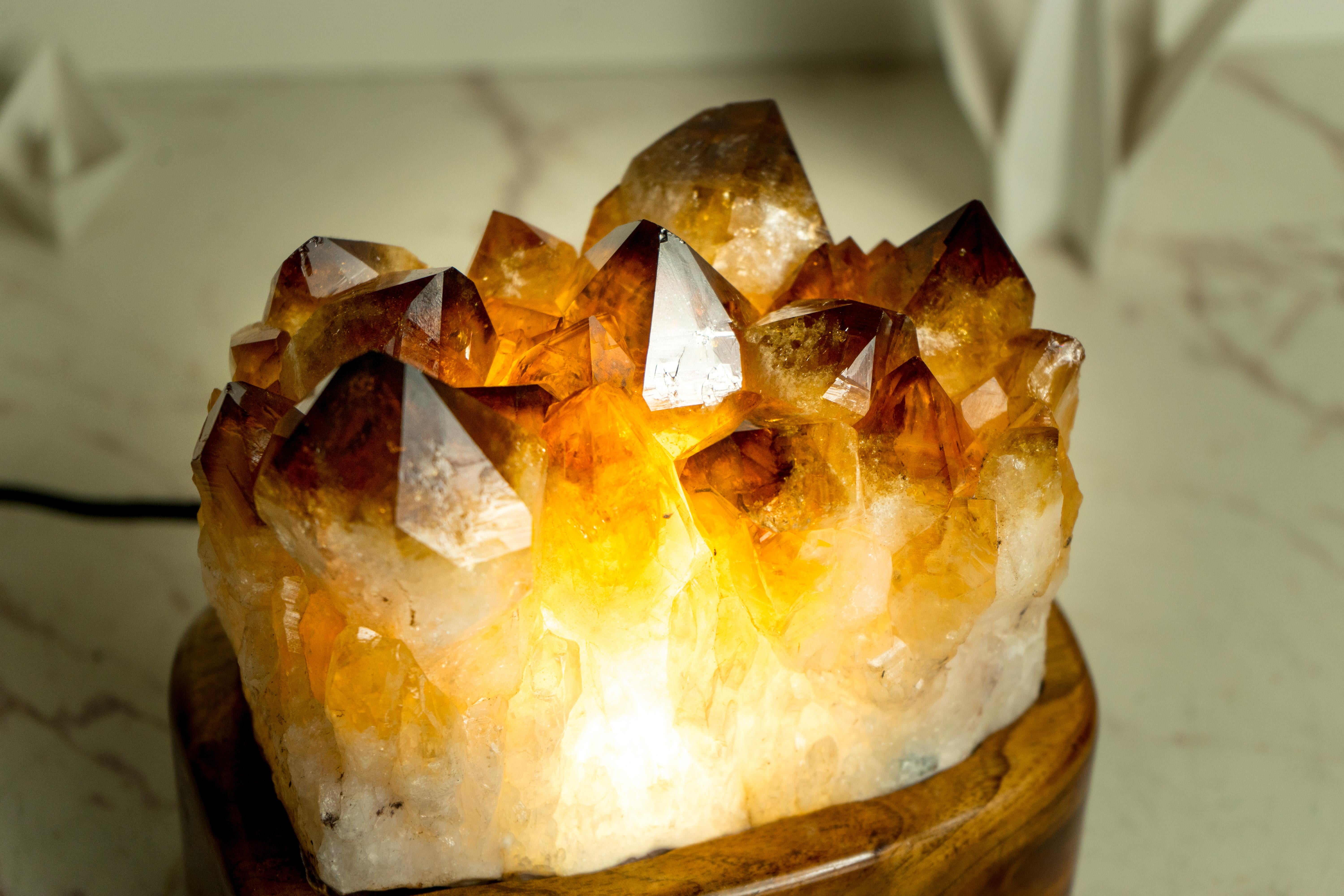 Agate Bespoke Table Lamp with a AAA Citrine Cluster and Brazilian Wood For Sale