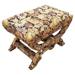 Bespoke Tapestry Upholstery X Bases Studded Nailhead Bench by Billy Baldwin