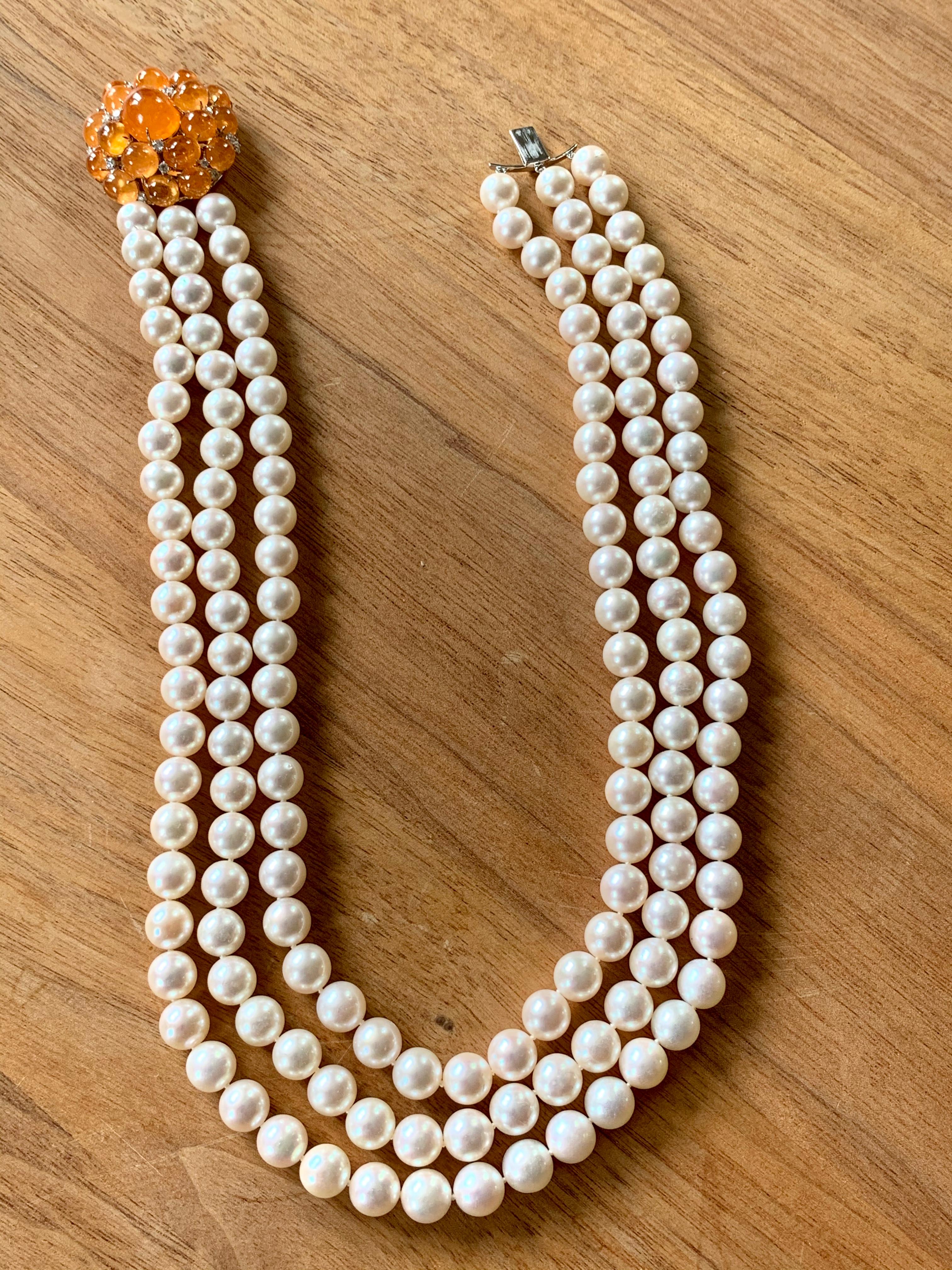 Bespoke Three Row Akoya Pearl Necklace with Diamond and Mandarin Garnet Clasp 1