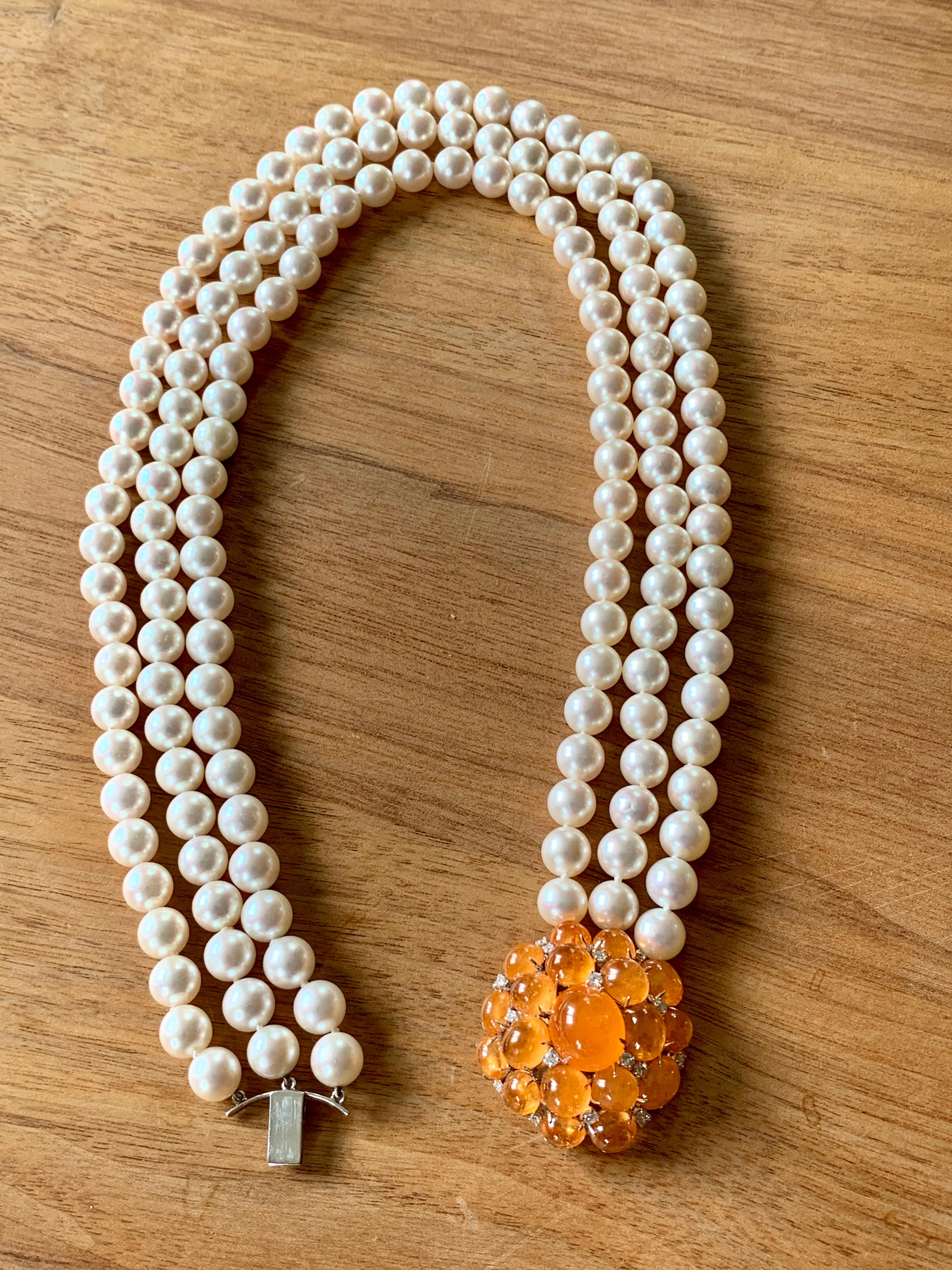 Bespoke Three Row Akoya Pearl Necklace with Diamond and Mandarin Garnet Clasp 2