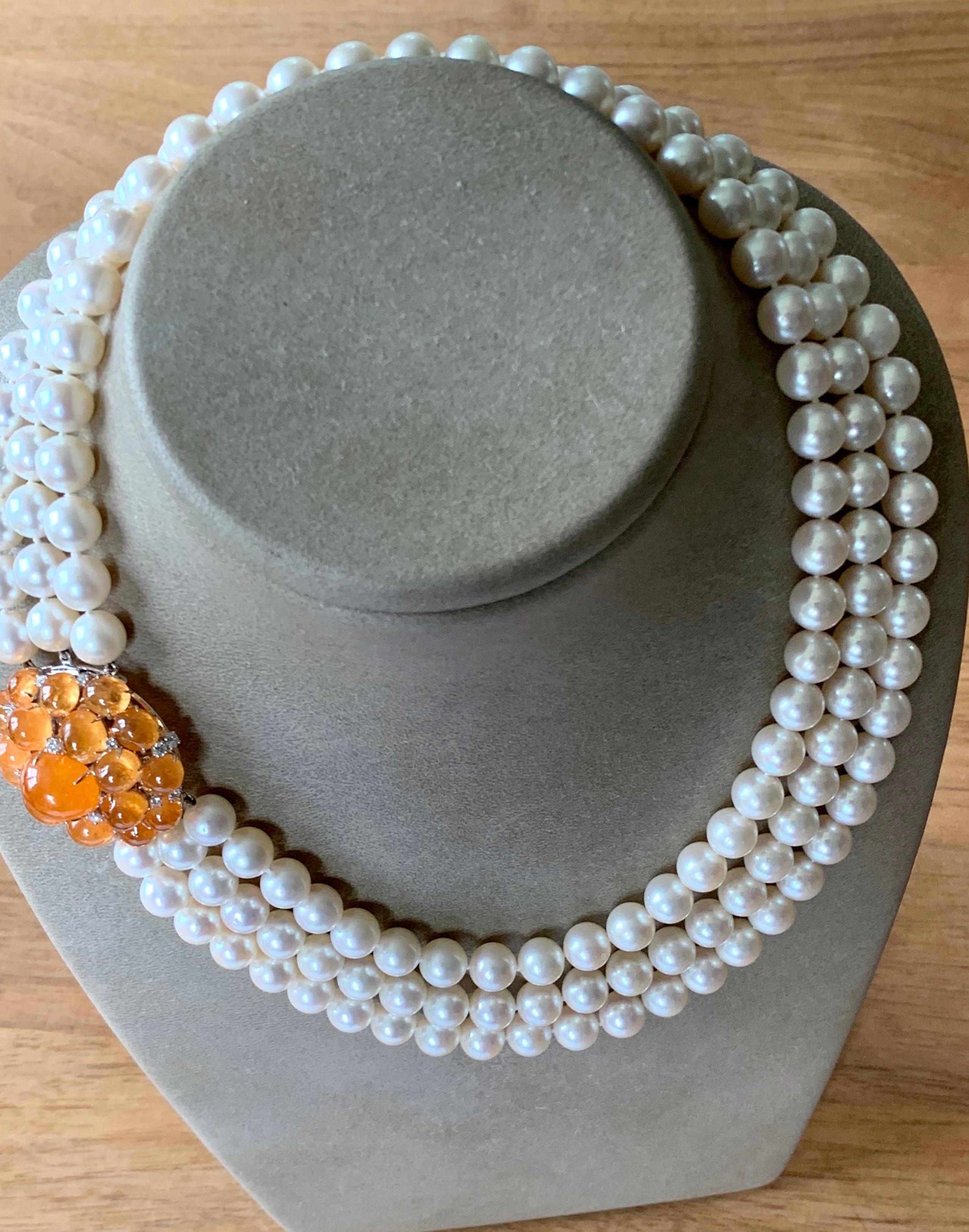 Contemporary Bespoke Three Row Akoya Pearl Necklace with Diamond and Mandarin Garnet Clasp