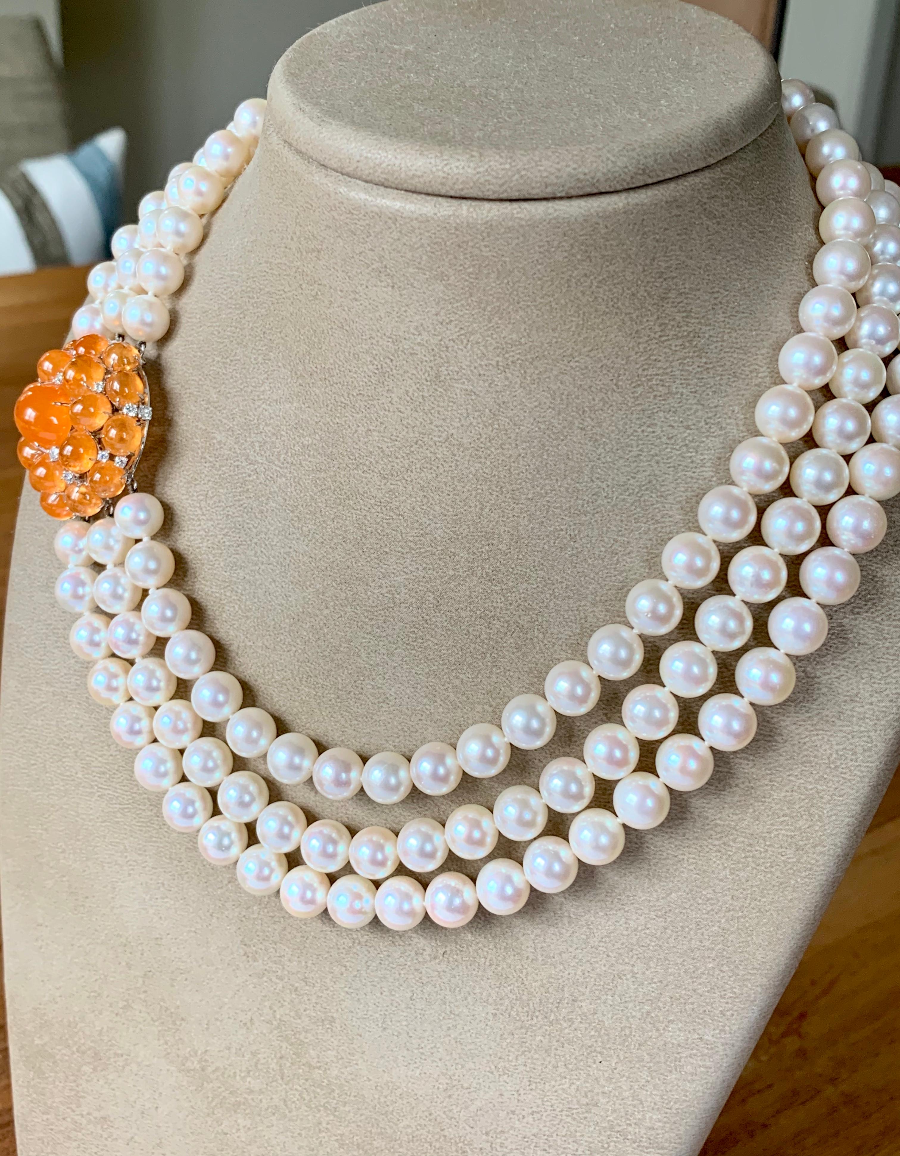 Bespoke Three Row Akoya Pearl Necklace with Diamond and Mandarin Garnet Clasp In New Condition In Zurich, Zollstrasse