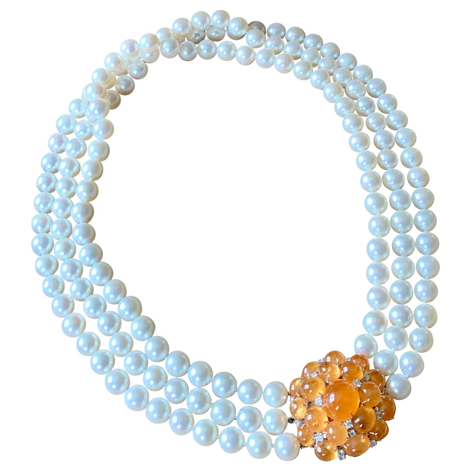 Bespoke Three Row Akoya Pearl Necklace with Diamond and Mandarin Garnet Clasp