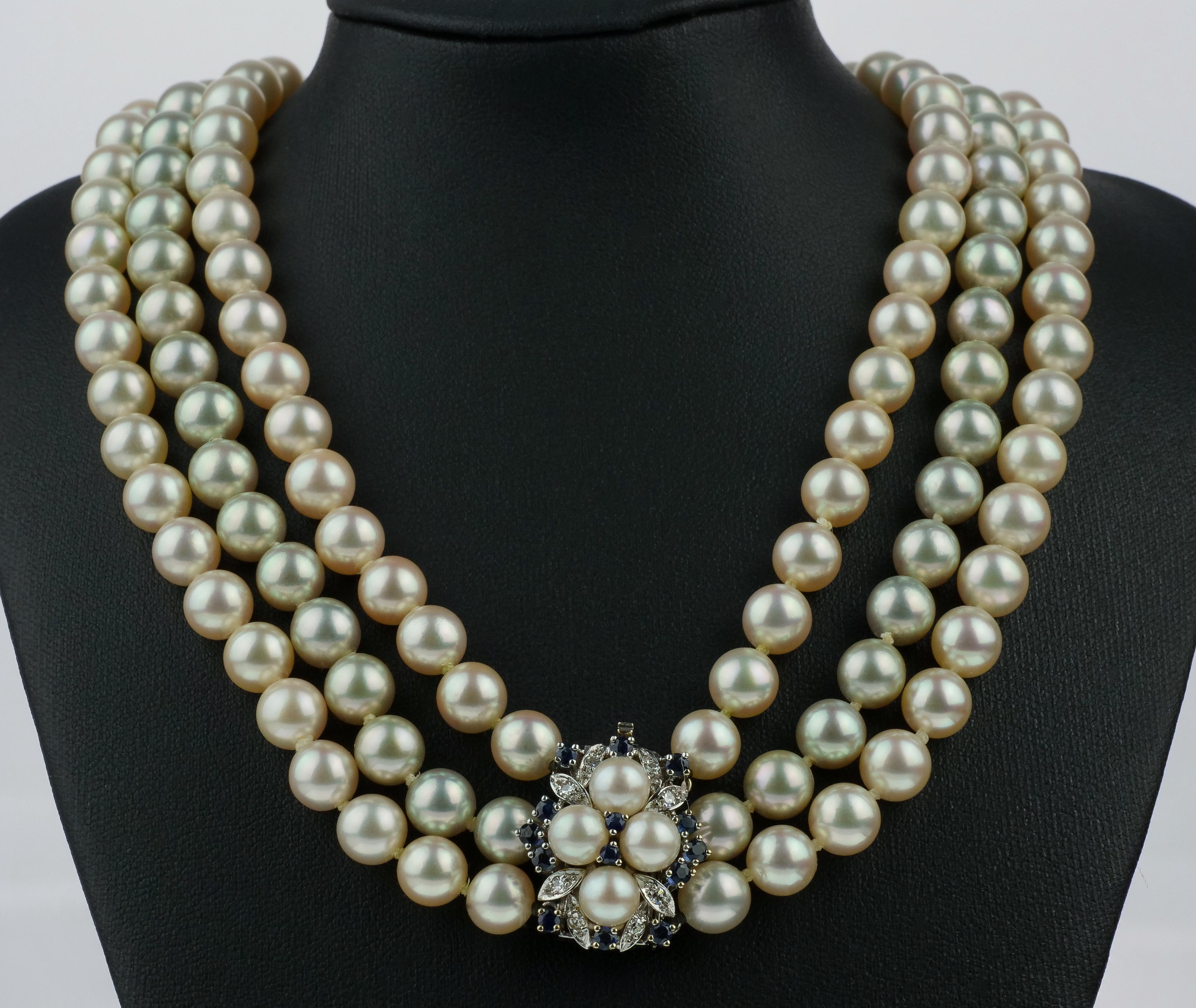 Modern Bespoke Three-Row Akoya Pearl Necklace with Diamond and Sapphire Clasp For Sale