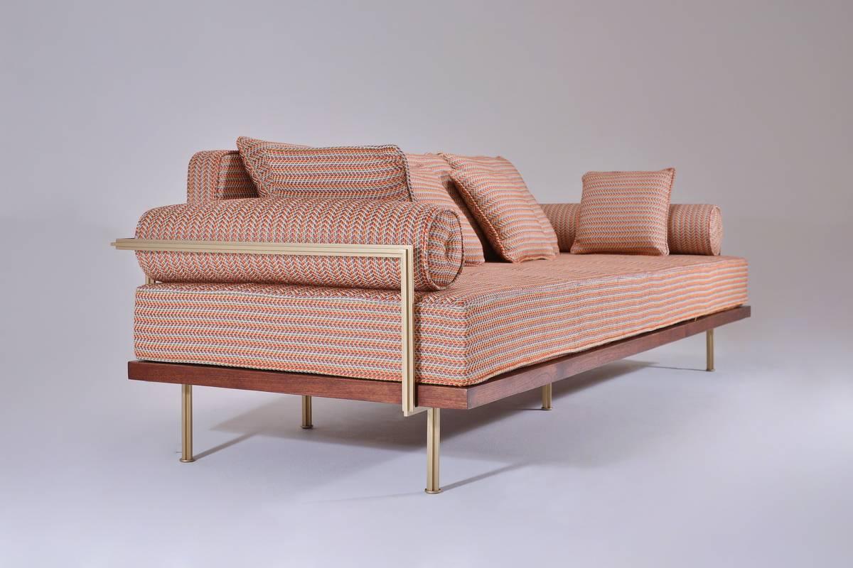 Mid-Century Modern Bespoke Three-Seat Sofa with Brass and Reclaimed Hardwood Frame by P. Tendercool For Sale