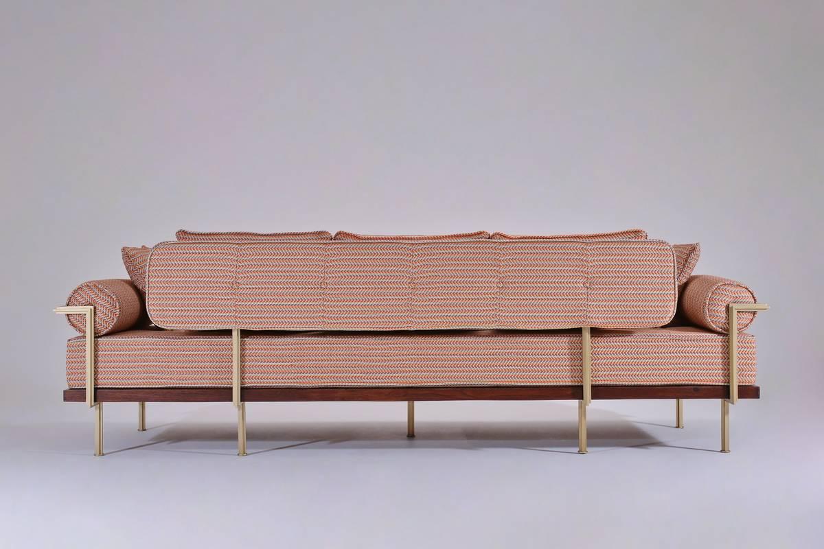 Welded Bespoke Three-Seat Sofa with Brass and Reclaimed Hardwood Frame by P. Tendercool For Sale