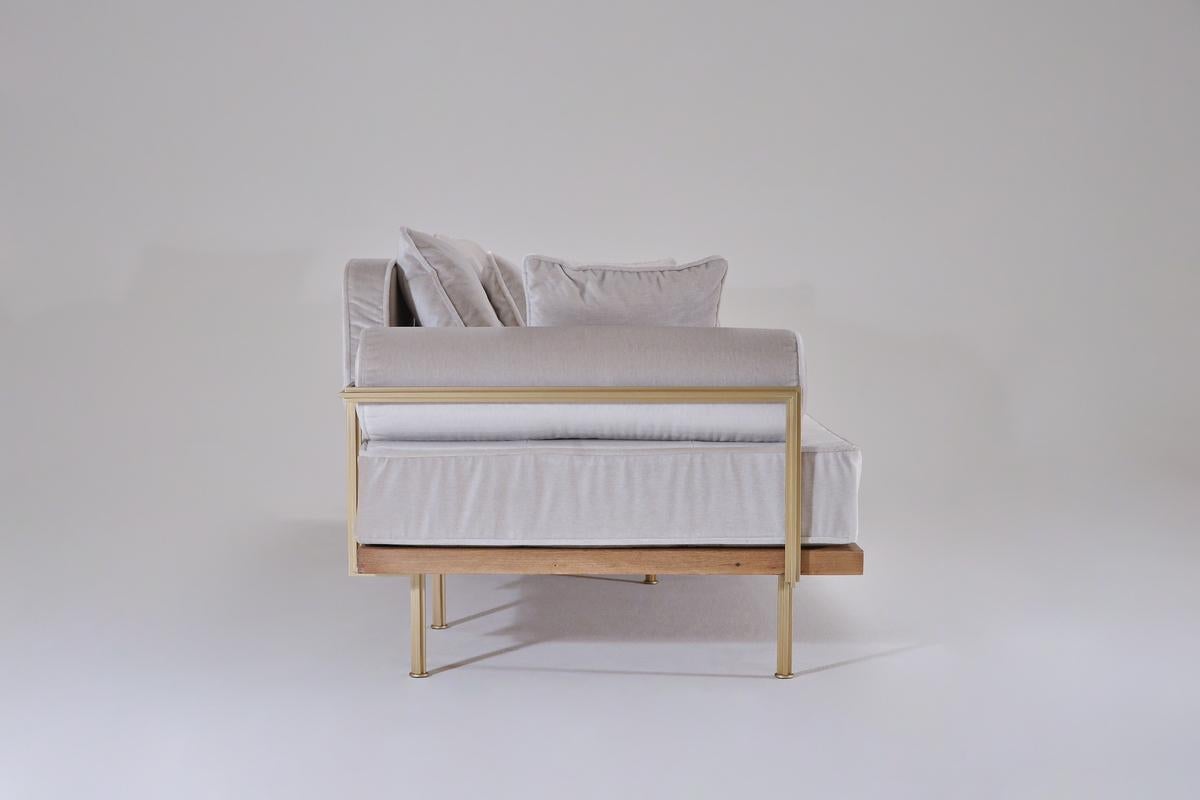 Hand-Crafted Bespoke Three-Seat Sofa with Brass and Bleached Hardwood Frame by P. Tendercool For Sale