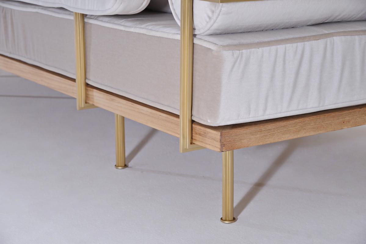 Bespoke Three-Seat Sofa with Brass and Bleached Hardwood Frame by P. Tendercool For Sale 1