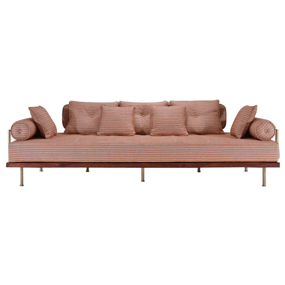Bespoke Three-Seat Sofa with Brass and Reclaimed Hardwood Frame by P. Tendercool For Sale