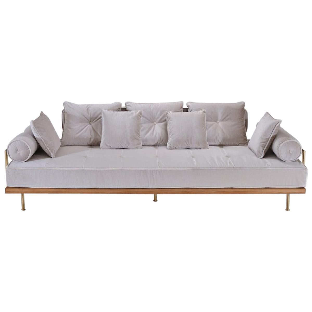 Bespoke Three-Seat Sofa with Brass and Bleached Hardwood Frame by P. Tendercool For Sale