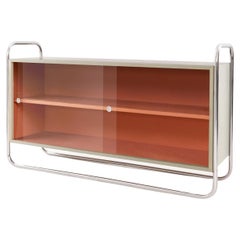 Bespoke Tubular Steel Low Bookcase, Chrome, Lacquered Wood, Sliding Glass Panels