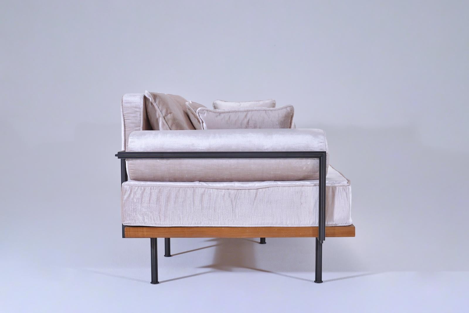 Thai Indoor Bespoke Two-Seat Sofa, Brass & Reclaimed Hardwood Frame, P. Tendercool  For Sale