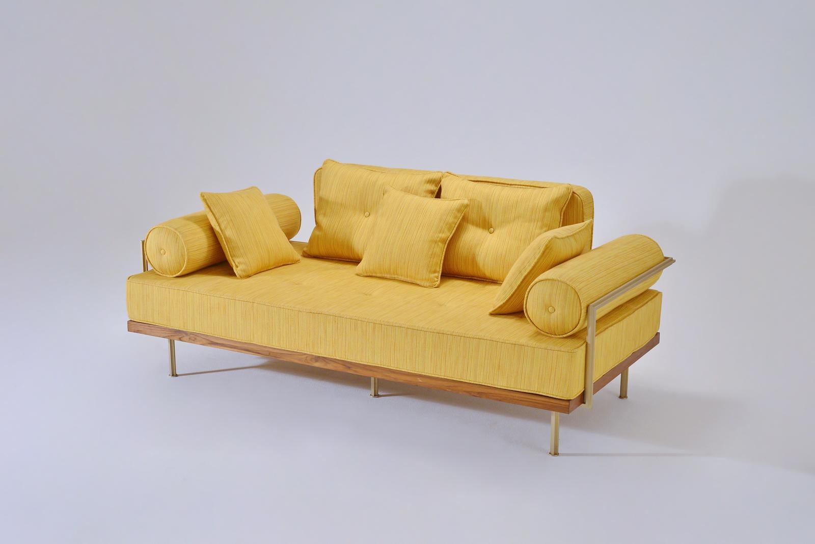 Model: PT71-BS1-TE-DO two-seat sofa
Frame: Reclaimed hardwood
Frame finish: Diamond oil
Structure: Extruded and hand-welded solid brass rods
Structure finish: Golden Sand
Seat material: 100% latex
Upholstery: included
Fabric: Not Inlcuded
This sofa