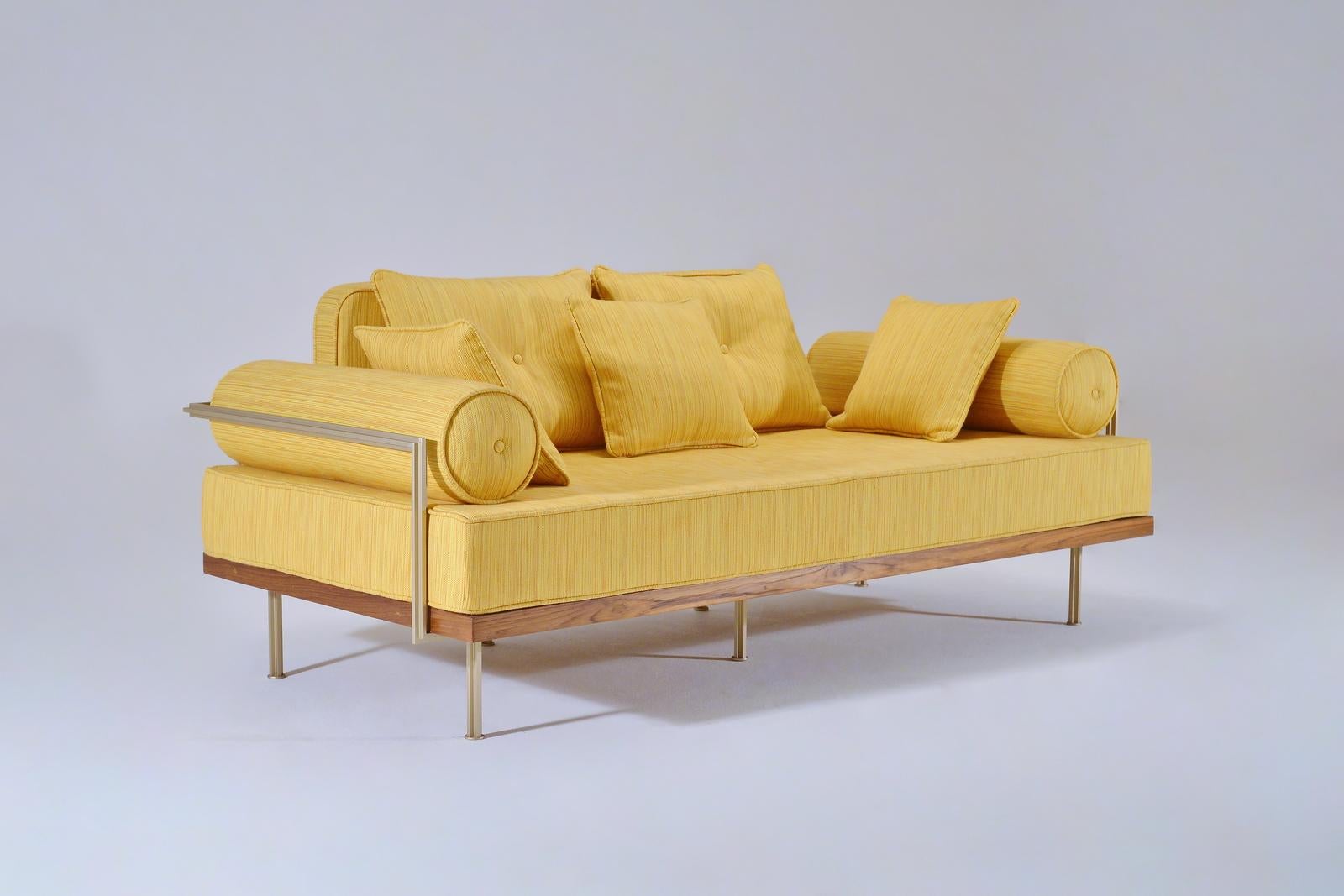 Mid-Century Modern Bespoke Two-Seat Sofa, Brass & Reclaimed Hardwood Frame, P. Tendercool For Sale