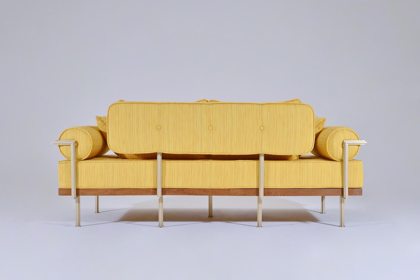 Thai Bespoke Two-Seat Sofa, Brass & Reclaimed Hardwood Frame, P. Tendercool For Sale