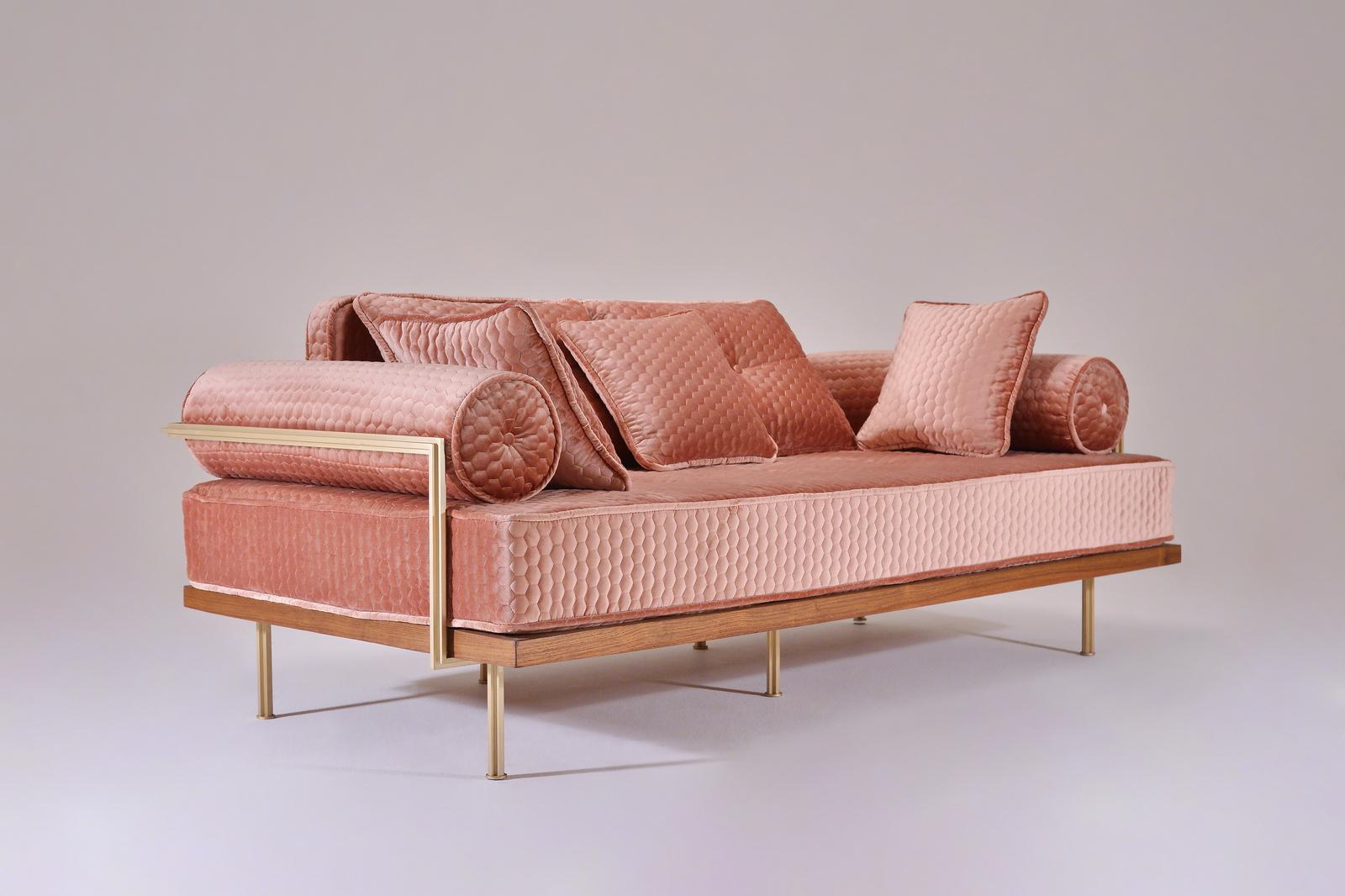 Bespoke TwoSeat Sofa with Brass and Reclaimed Hardwood by P