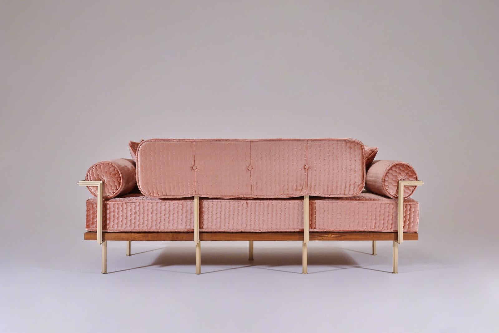 Thai Bespoke Two-Seat Sofa with Brass and Reclaimed Hardwood, P. Tendercool (Indoor) For Sale