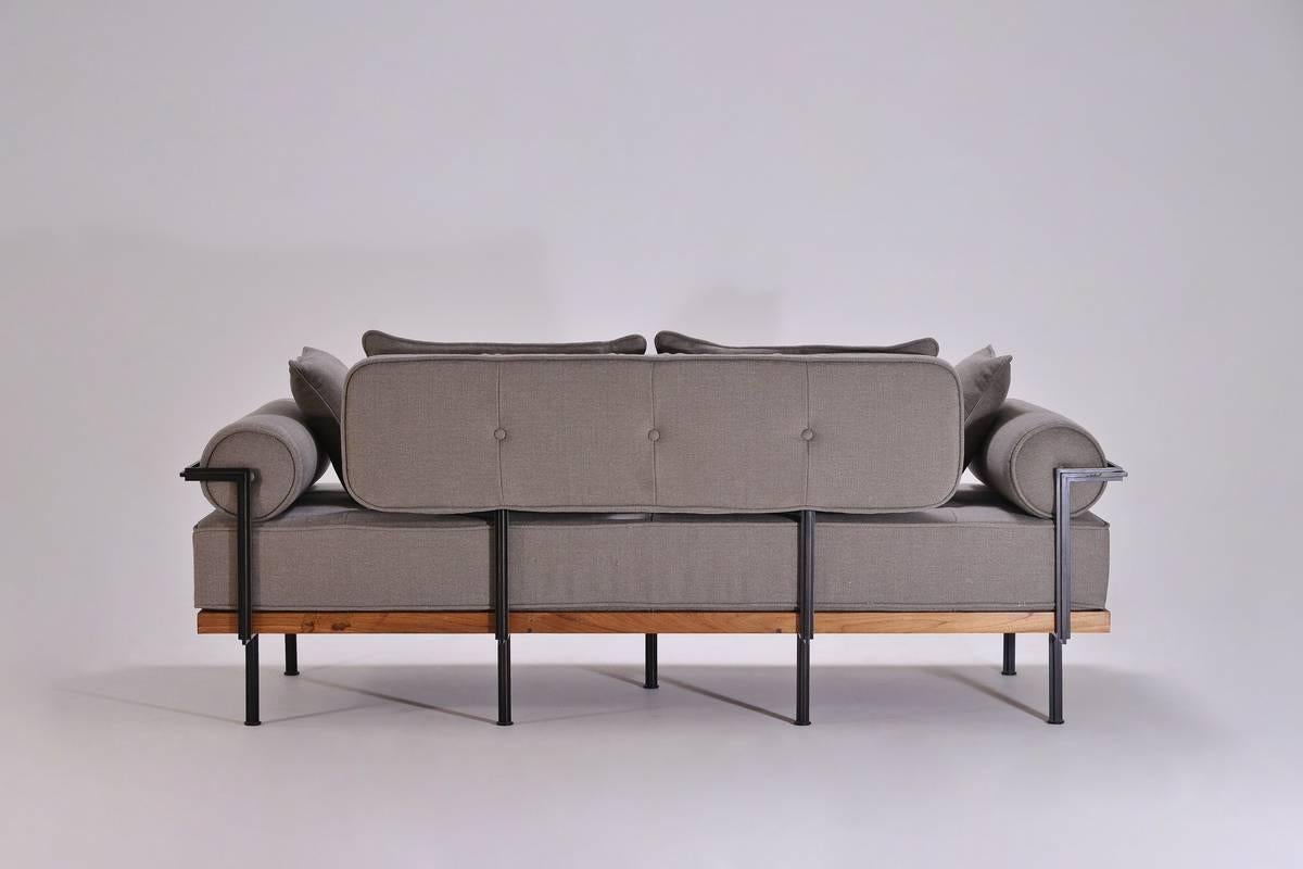 Hand-Crafted Bespoke Two-Seat Sofa in Brass and Reclaimed Hardwood Frame, by P. Tendercool For Sale