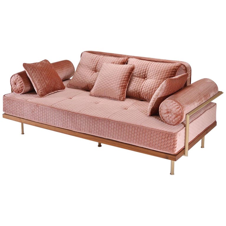 Bespoke TwoSeat Sofa in Reclaimed Hardwood and Brass Frame For Sale at