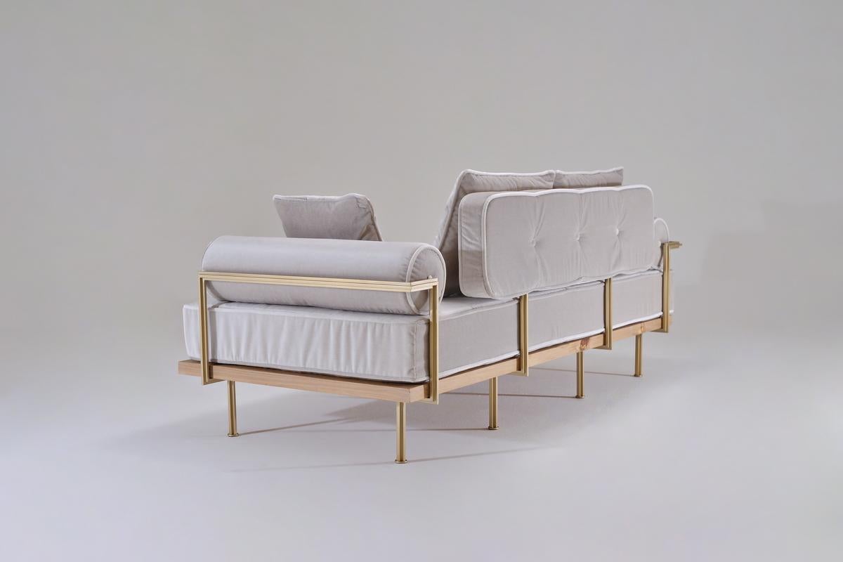 Mid-Century Modern Bespoke Two-Seat Sofa with Brass and Bleached Hardwood Frame by P. Tendercool For Sale