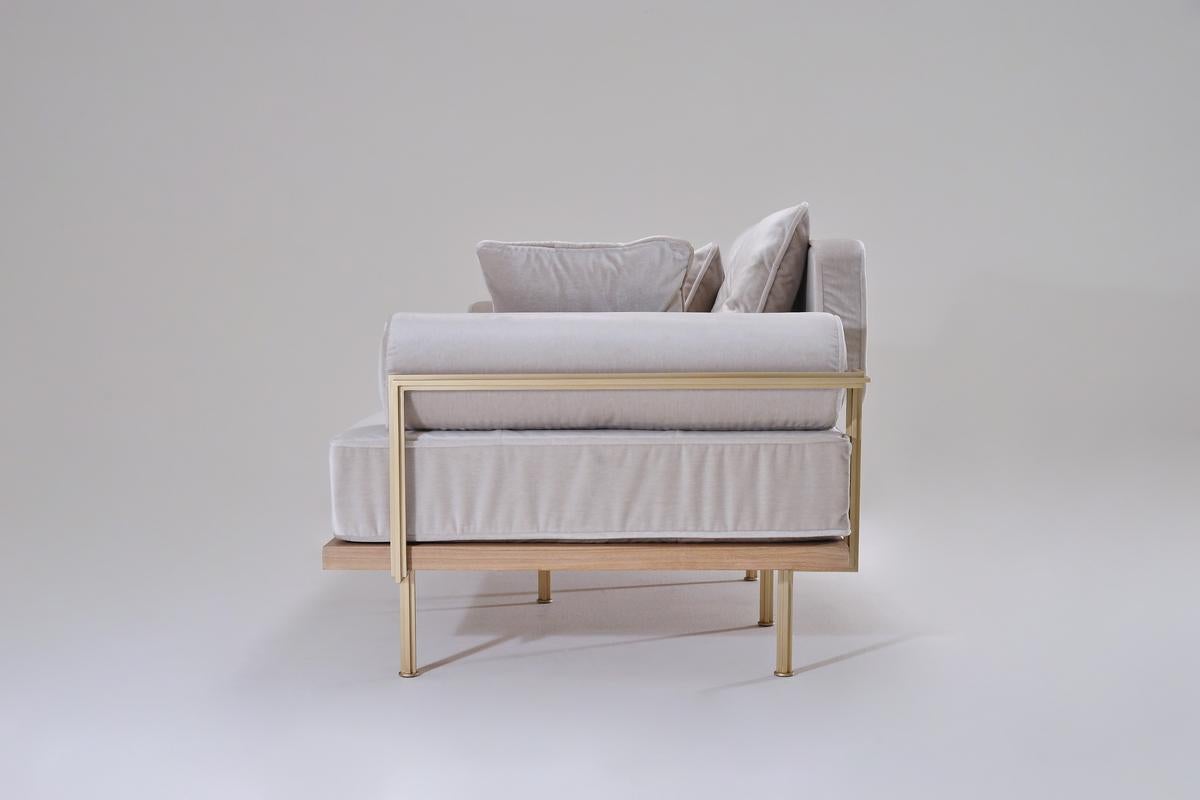 Thai Bespoke Two-Seat Sofa with Brass and Bleached Hardwood Frame by P. Tendercool For Sale