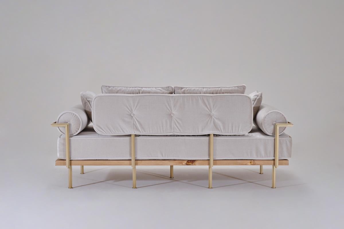 Welded Bespoke Two-Seat Sofa with Brass and Bleached Hardwood Frame by P. Tendercool For Sale