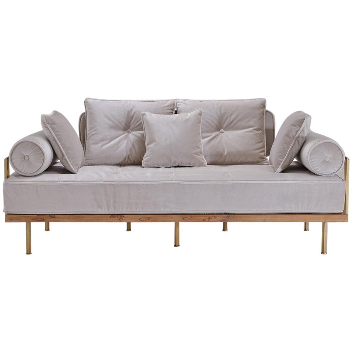 Bespoke Two-Seat Sofa with Brass and Bleached Hardwood Frame by P. Tendercool For Sale