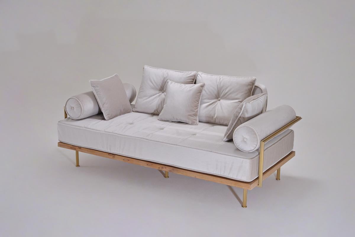 Model: PT71 two-seat sofa (Indoor)
Frame: Reclaimed hardwood
Frame finish: Bleached + Natural Oiled
Structure: Extruded and hand-welded solid brass rods
Structure finish: Golden sand brass
Seat material: 100% Latex
Upholstery: Included
Fabric: Not