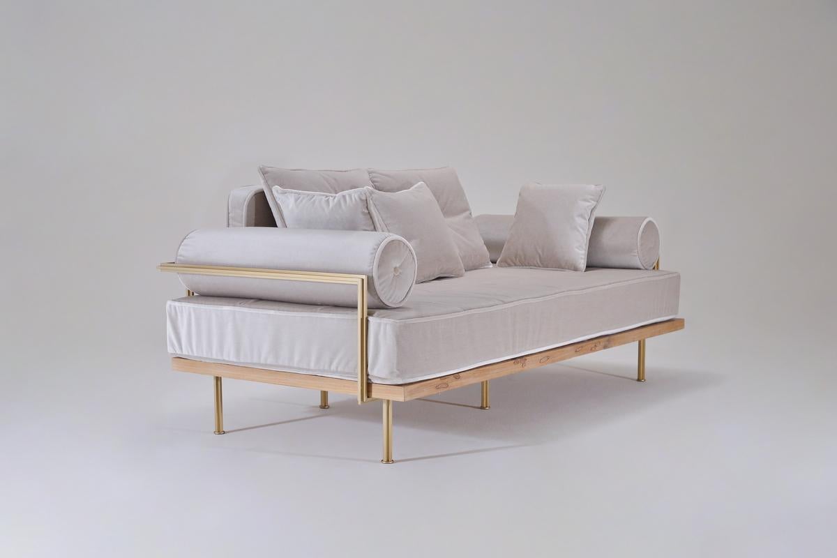 Mid-Century Modern Bespoke 2 Seater Sofa Bleached Hardwood & Brass Frame by P. Tendercool (Indoor) For Sale