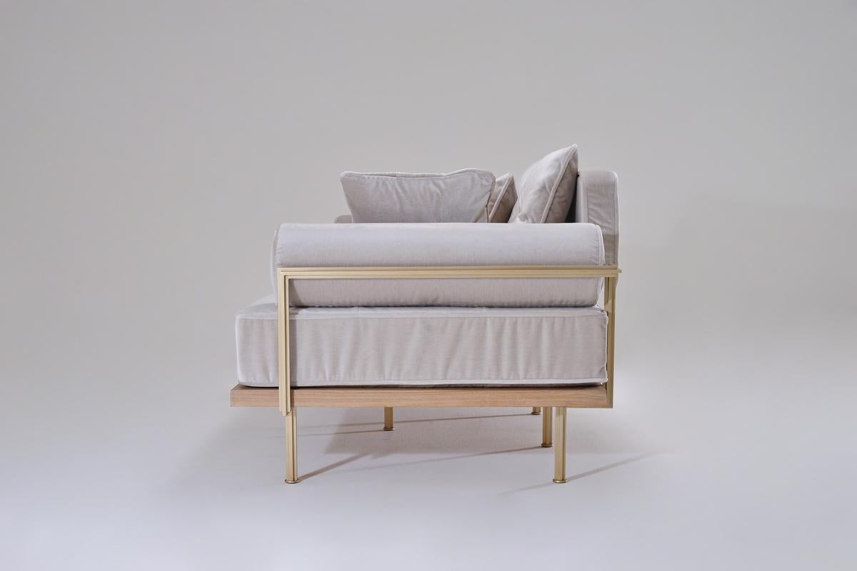 Hand-Crafted Bespoke 2 Seater Sofa Bleached Hardwood & Brass Frame by P. Tendercool (Indoor) For Sale
