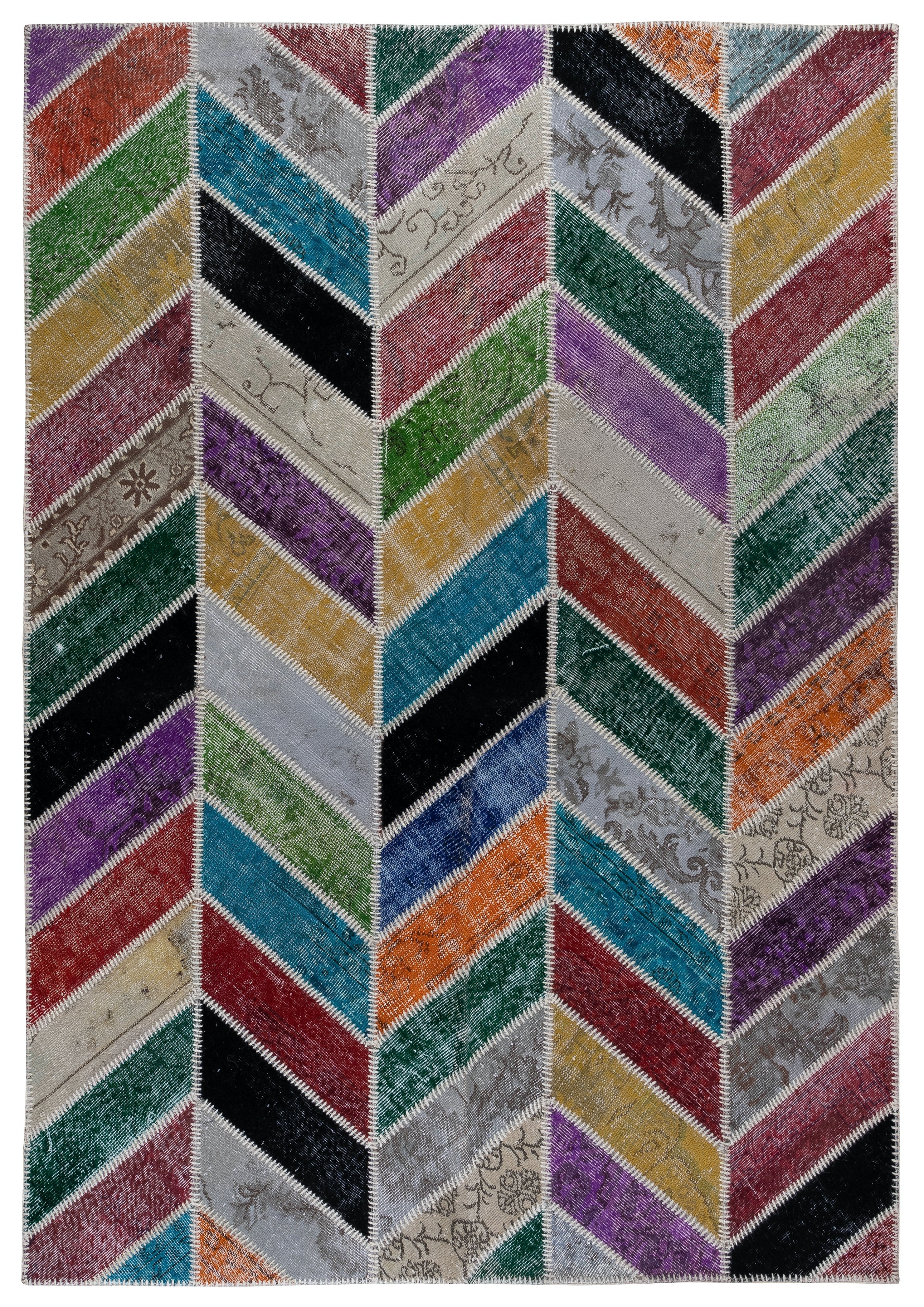 Bespoke Vibrant Chevron Patchwork Rug, Handmade from Vintage Turkish Carpets