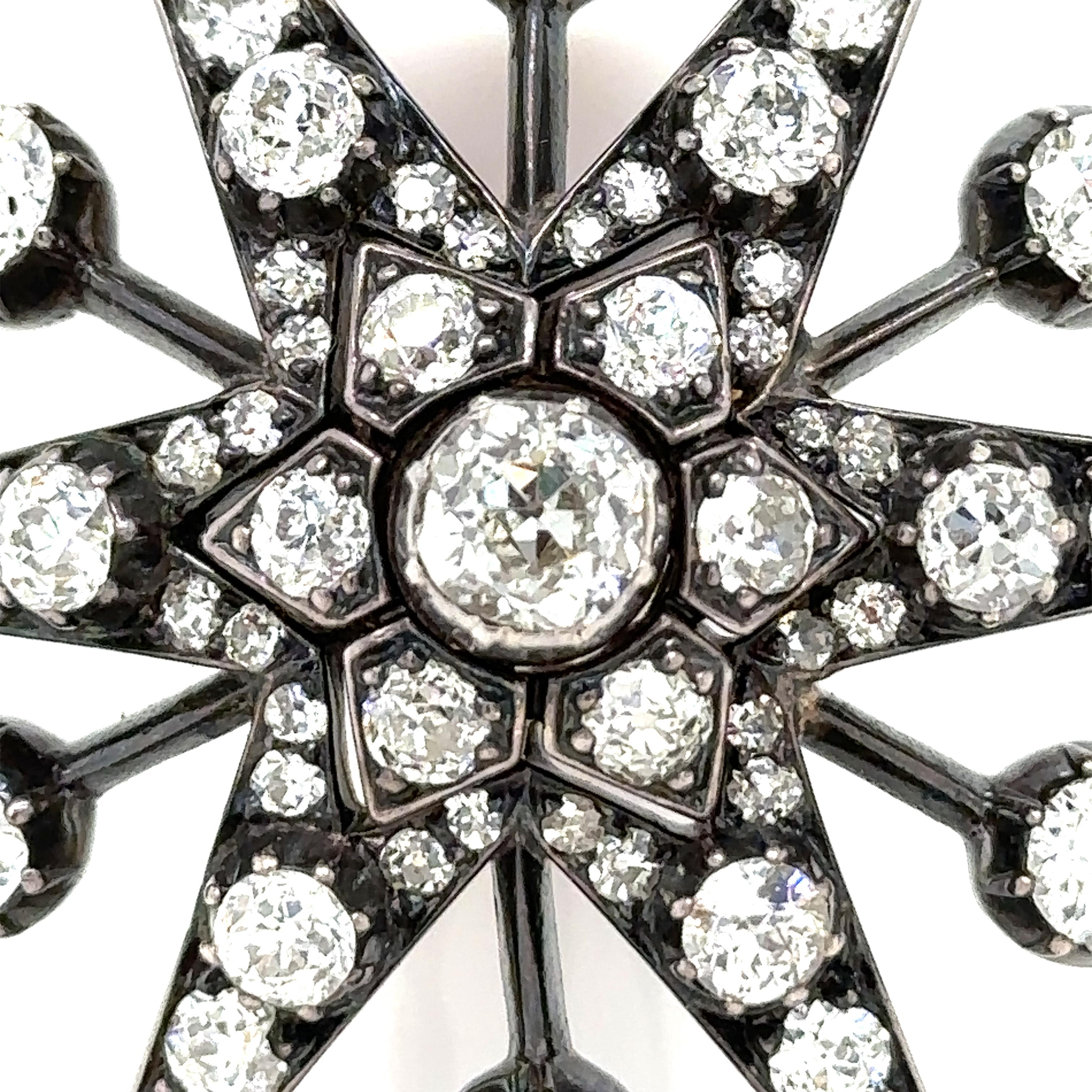 Old Mine Cut Bespoke Victorian Diamond Starburst Pendant/Brooch 8.70ct For Sale