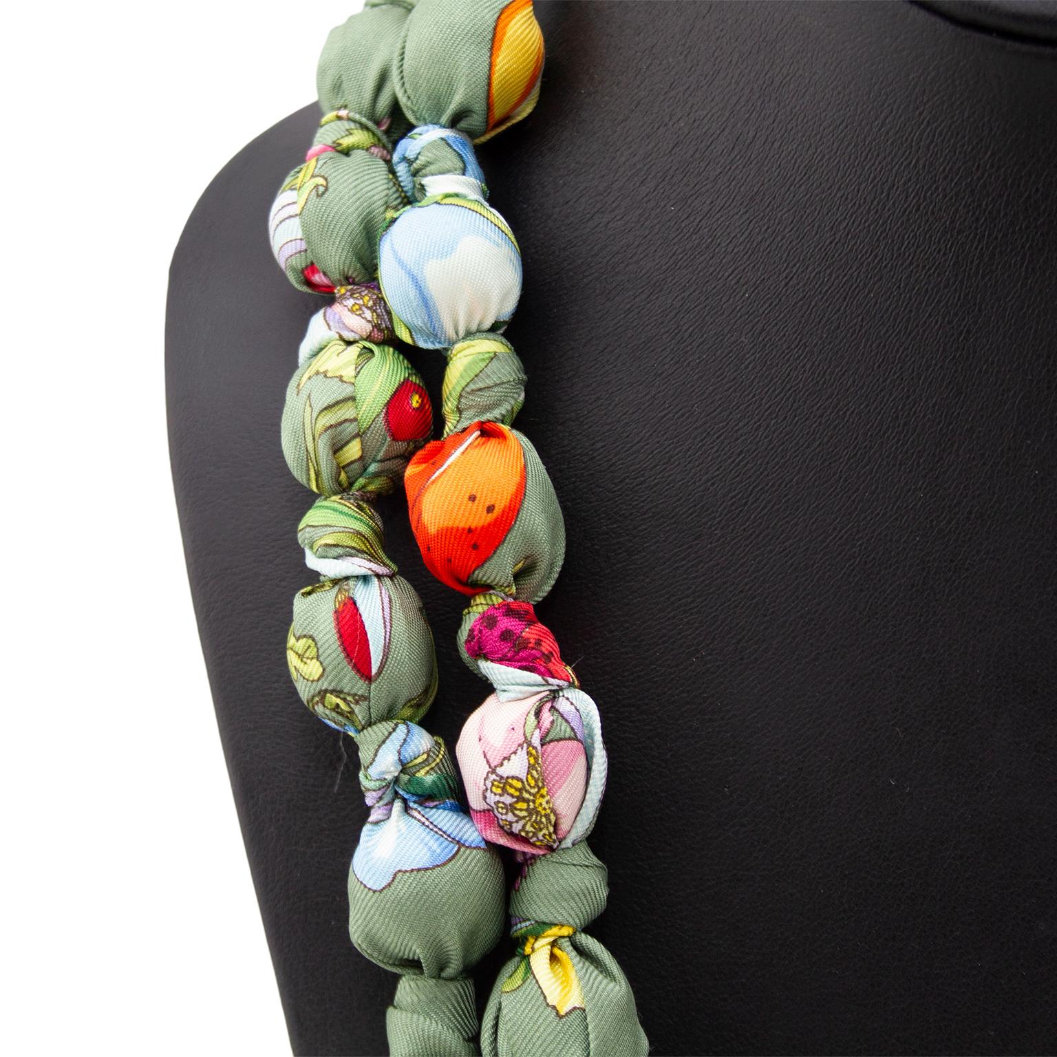 Bespoke Gucci silk double strand necklace made exclusively for 1stdibs from a vintage green, white orange and gold silk Gucci scarf. Ties at nape of neck with a ribbon closure. Beautiful mix of colors and perfect over a white blouse or turtleneck.