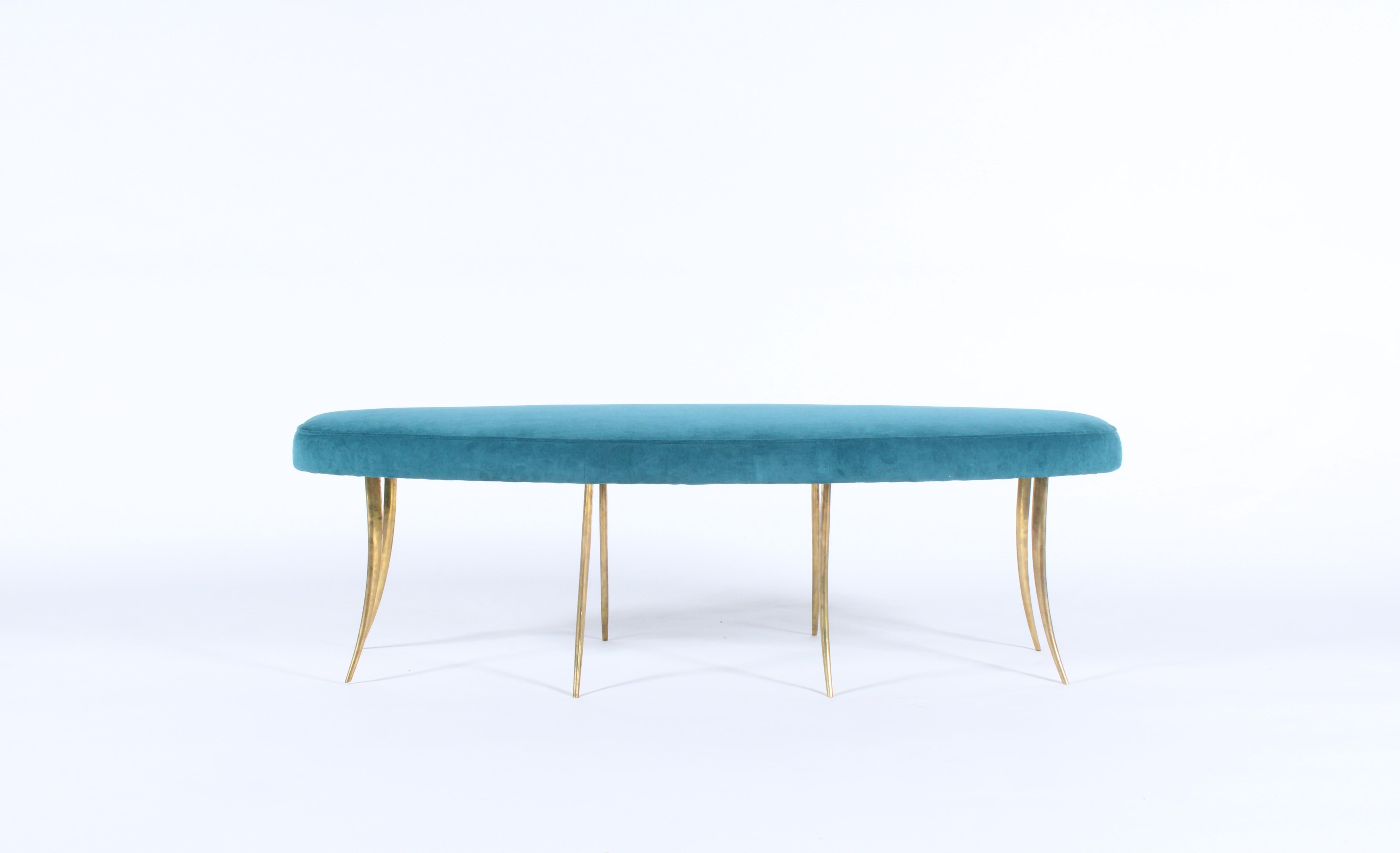 Brass  Bespoke Vintage Italian Bench with Teal Upholstered Cushion For Sale