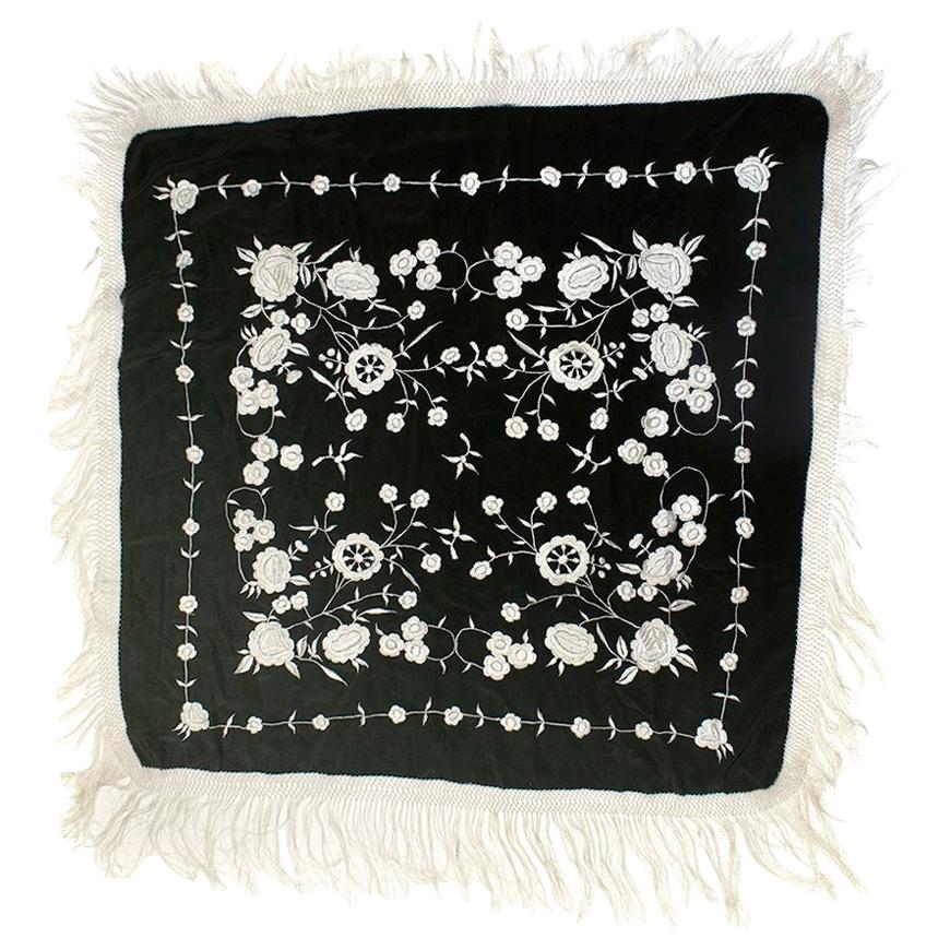 Bespoke Vintage Silk Crepe Heavily Embroidered Fringed Shawl