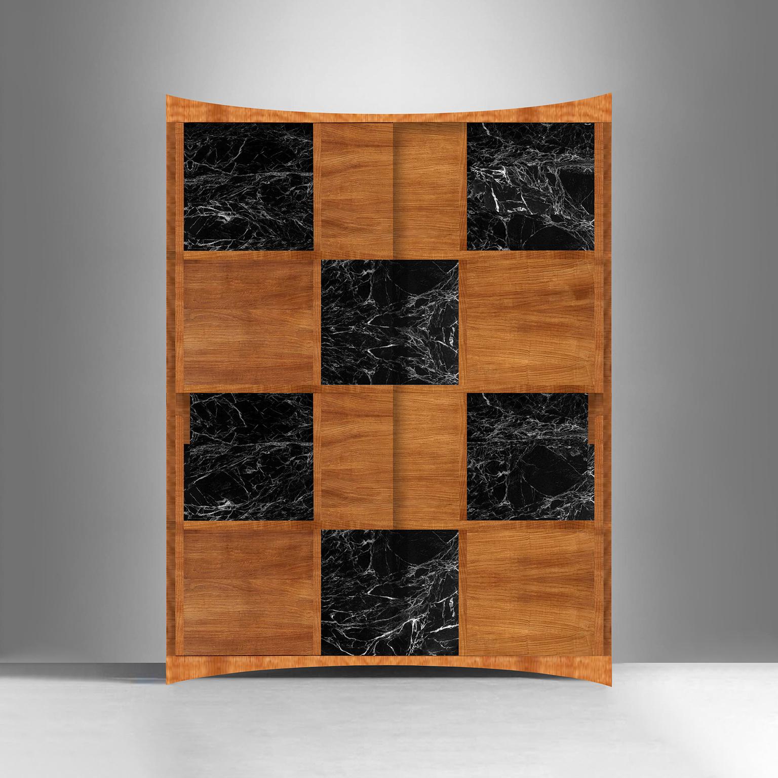 Contemporary wardrobe with two sliding doors made of elm wood and marble, hand crafted and customizable.