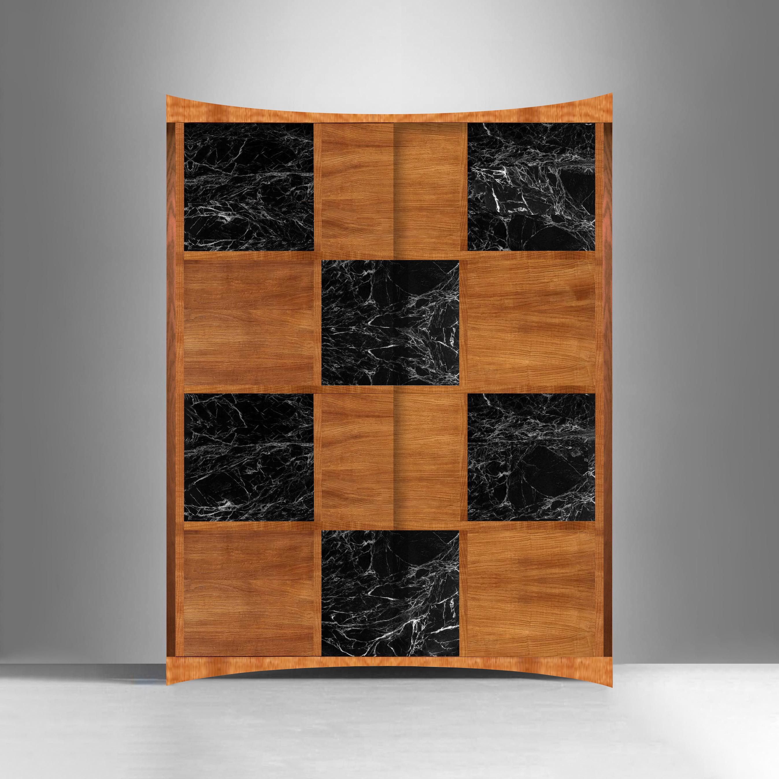 Contemporary wardrobe with two sliding doors made of elm wood and marble, hand crafted and customizable.