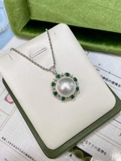 Bespoke White South Sea Pearl, Emerald & Diamond Halo Pendant, 14mm — 18K Gold