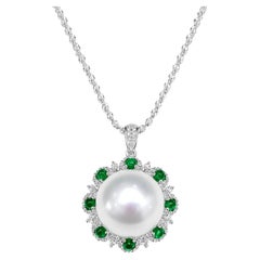 Bespoke White South Sea Pearl, Emerald & Diamond Halo Pendant, 14mm — 18K Gold