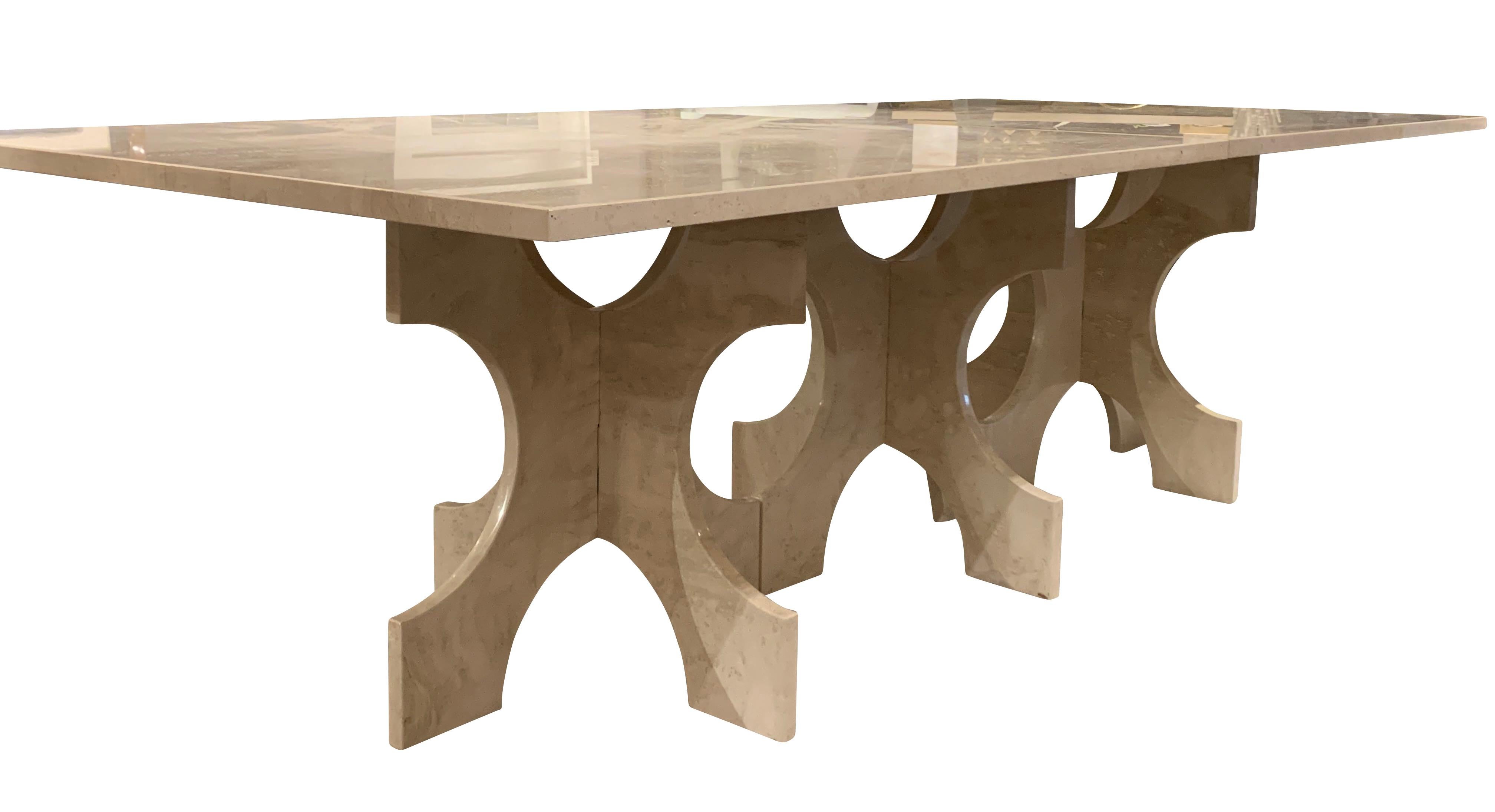 Bespoke Italian travertine dining table.
The table pictured is Italian travertine with a polished and filled finish.
This table is extra long - 108